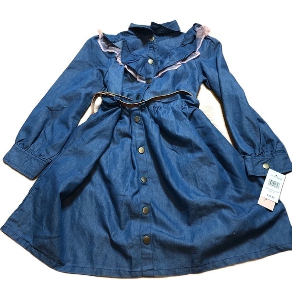 Little Lass Chambray Denim Prairie Dress NEW Sz 7/8 Gold Belted Long Sleeve - Picture 1 of 6